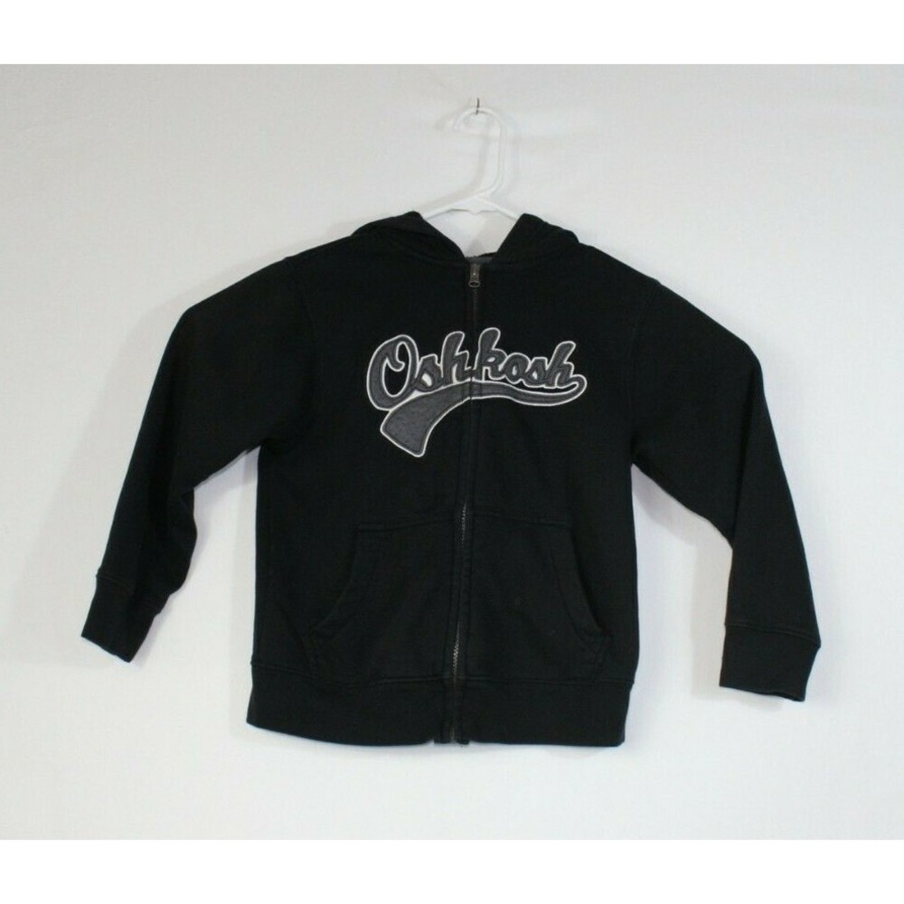 OshKosh Bgosh Full Zip Hoodie Kid 7X Black Athletic Script Logo Patch Sweatshirt